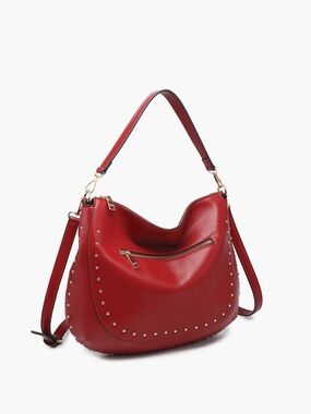 Red Studded Hobo Shoulder Bag - Women